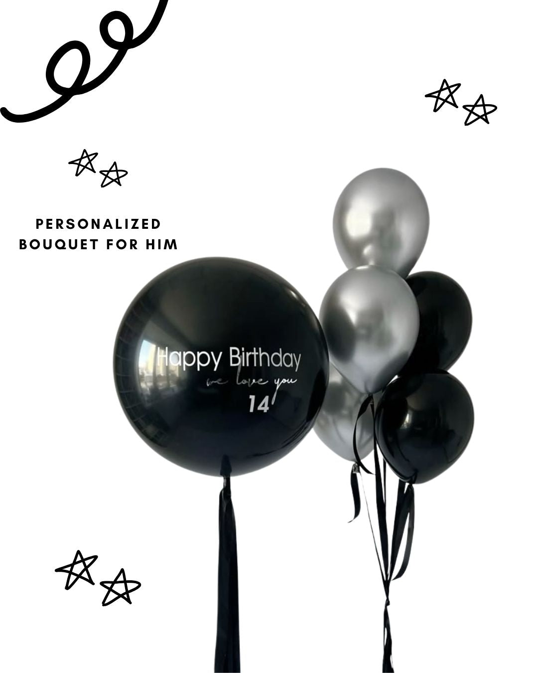 Black & Silver Personalized Balloon Bouquet for Him