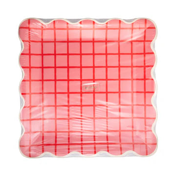Red and Pink Grid Scallop Square Plate